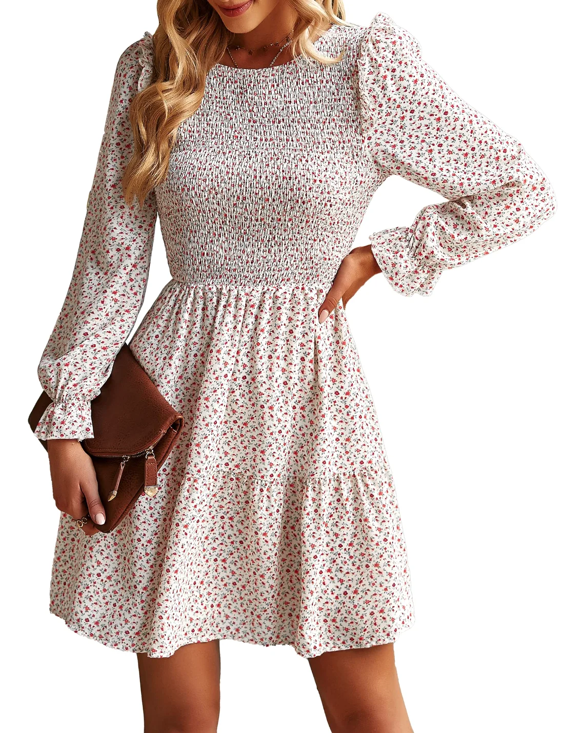 KIRUNDO Smocked Floral Ruffle Mini Dress in White