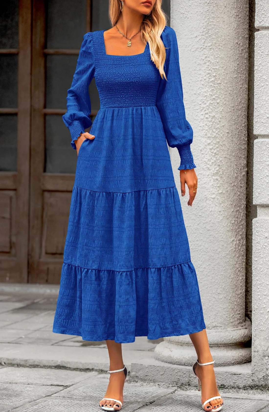KIRUNDO Smocked Long Sleeve High-Waist Maxi Dress in Blue, view 4