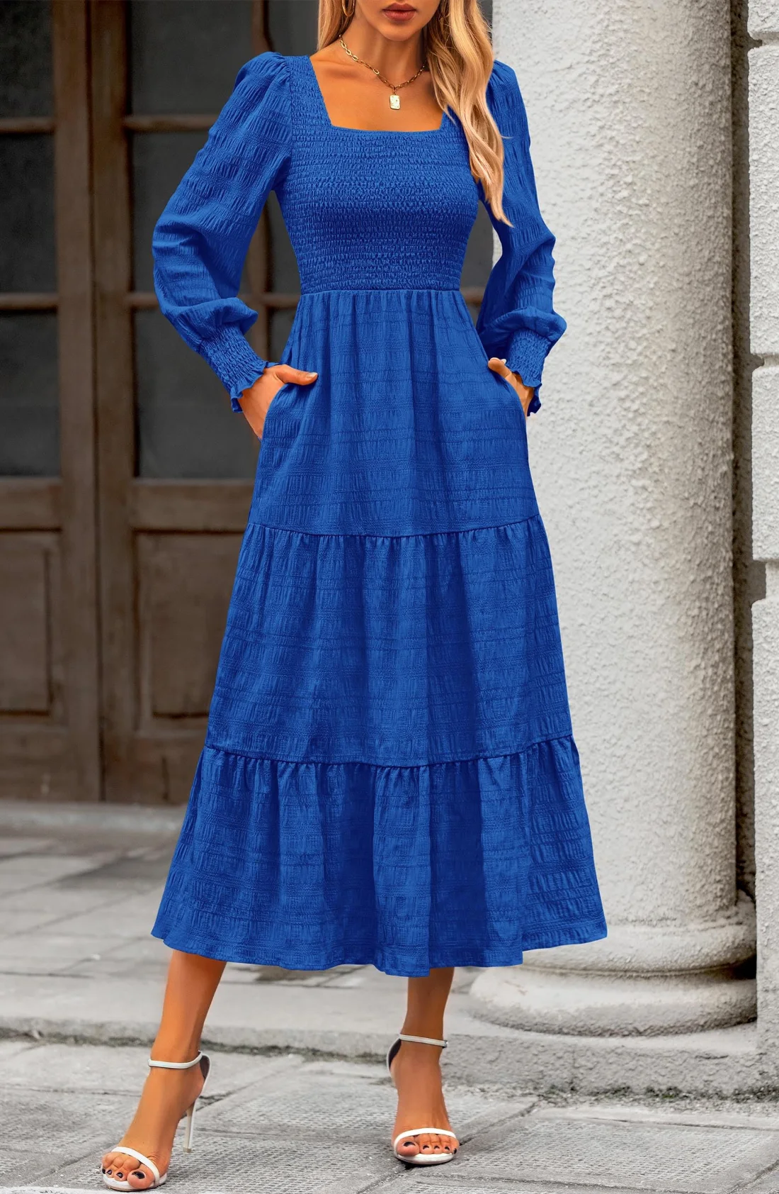 KIRUNDO Smocked Long Sleeve High-Waist Maxi Dress in Blue, view 5