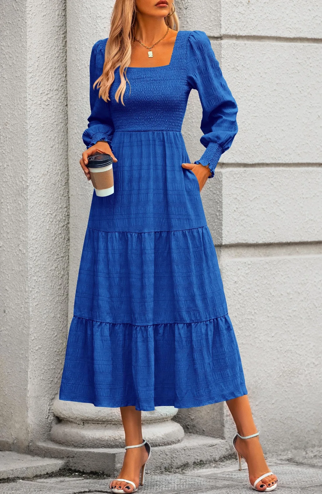 KIRUNDO Smocked Long Sleeve High-Waist Maxi Dress in Blue, view 6