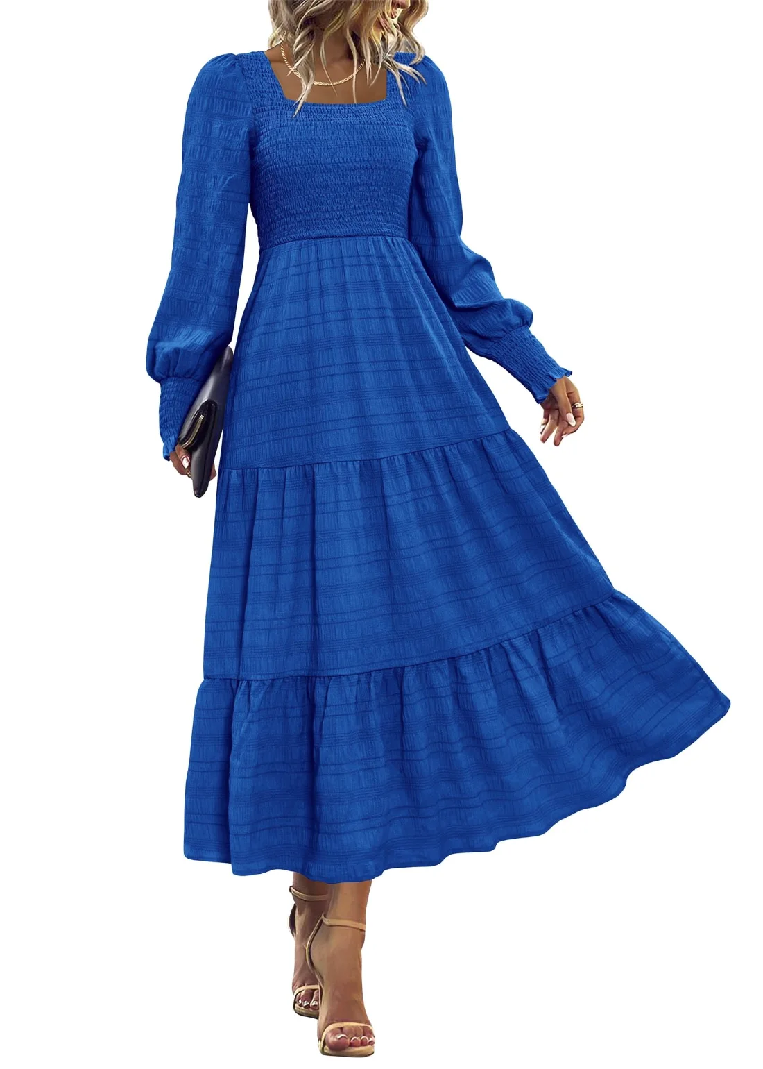 KIRUNDO Smocked Long Sleeve High-Waist Maxi Dress in Blue