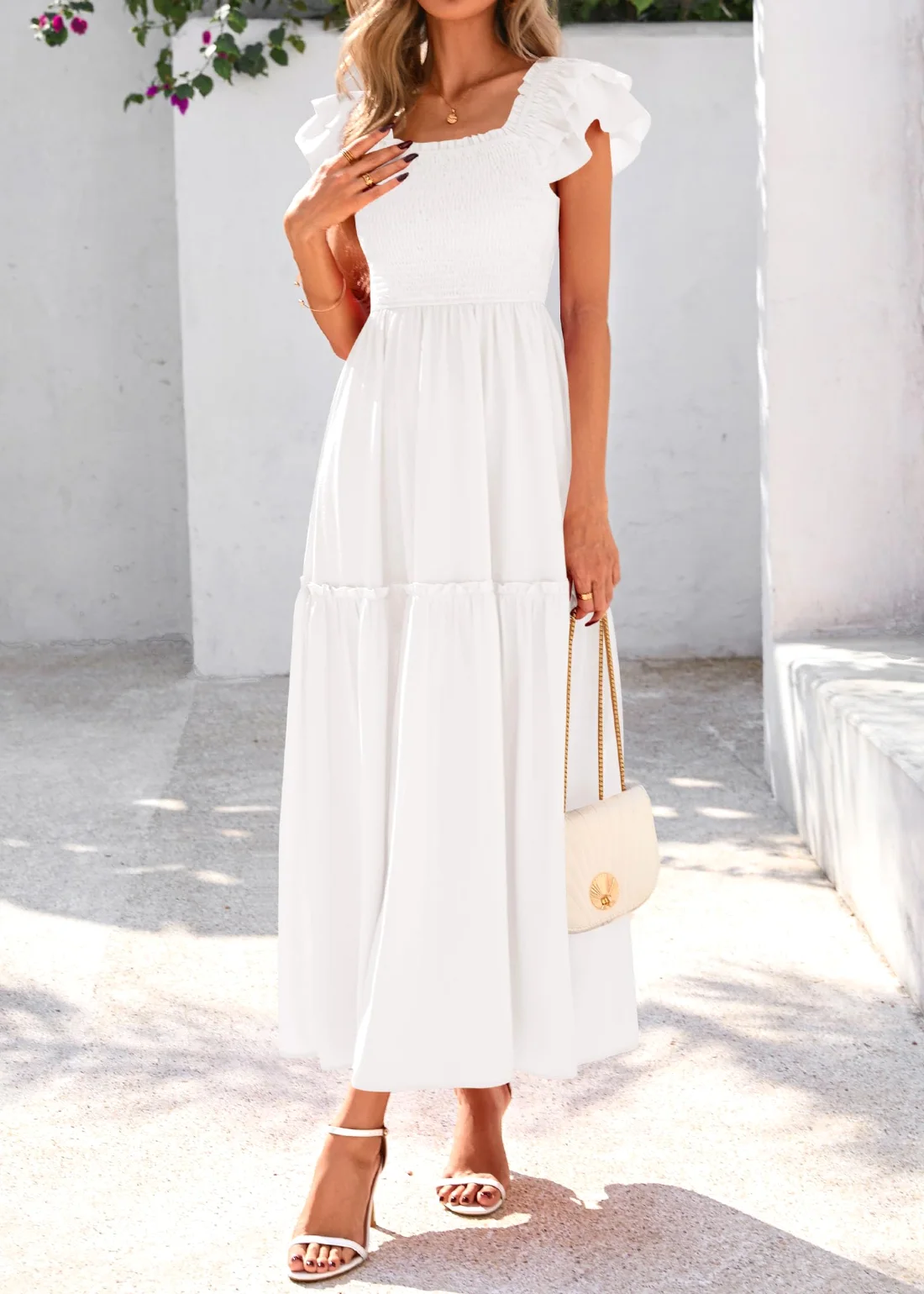 KIRUNDO Smocked Midi Dress in White, view 4