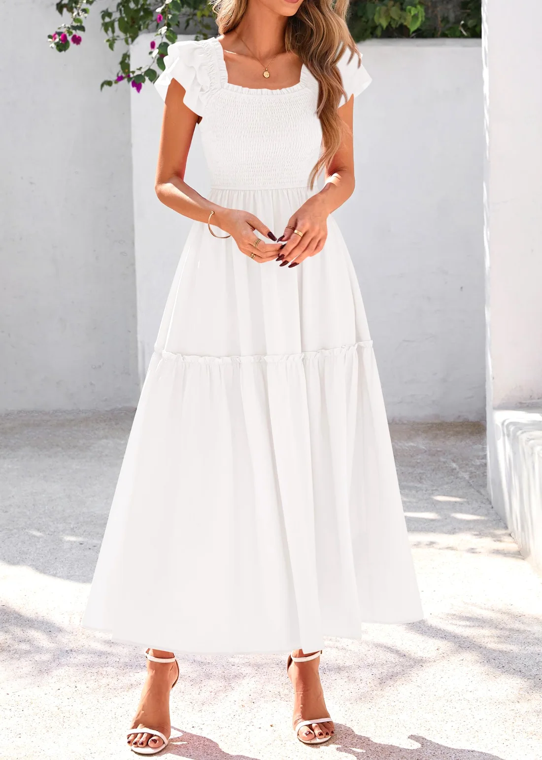 KIRUNDO Smocked Midi Dress in White, view 6