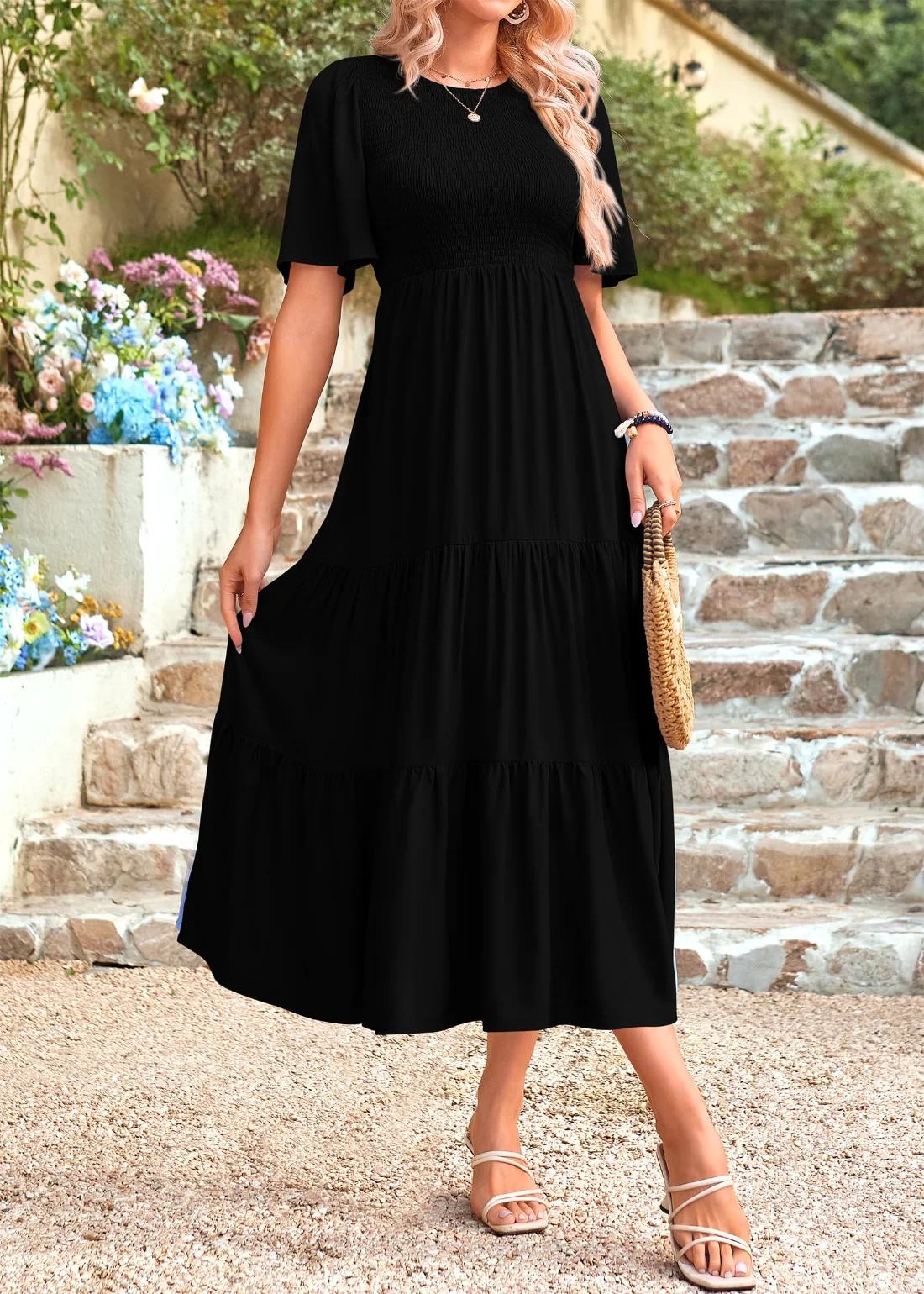 KIRUNDO Smocked Short Sleeve Flowy Midi Dress in Black, view 4