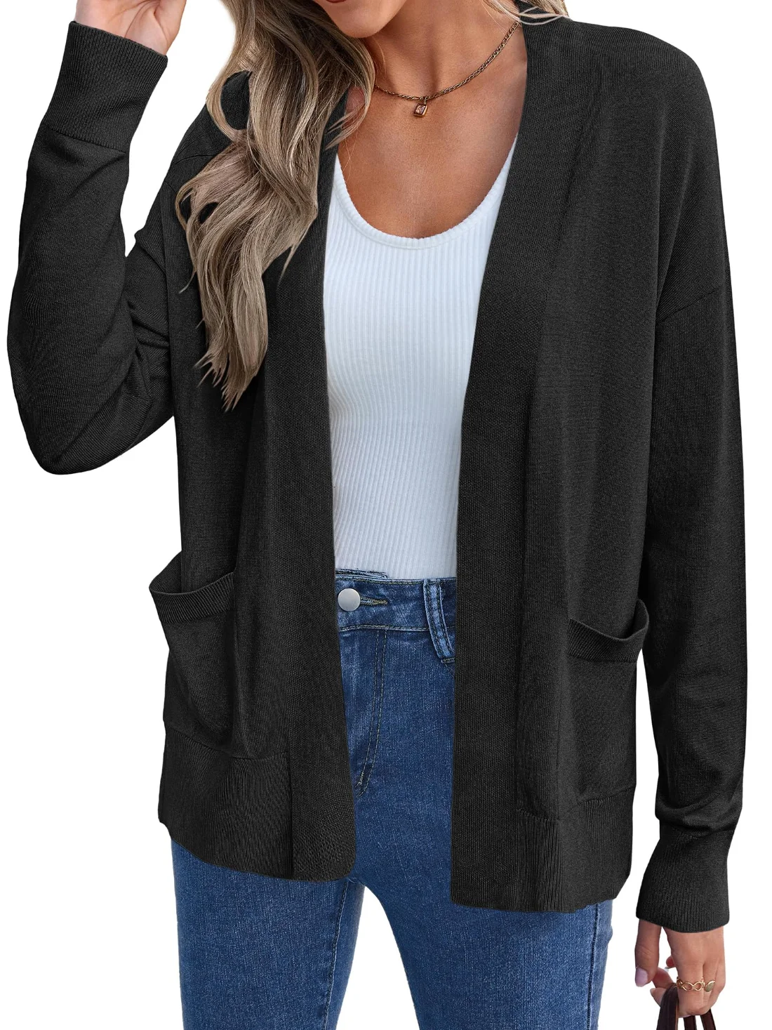 KIRUNDO Soft Knit Open Front Cardigan in Black