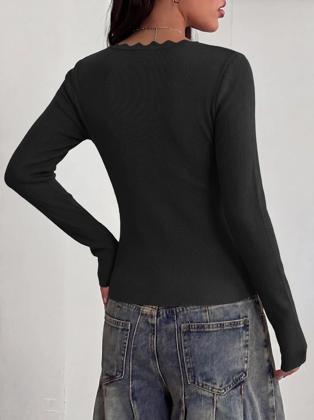 KIRUNDO Square Neck Long Sleeve Sweater in Black, view 3