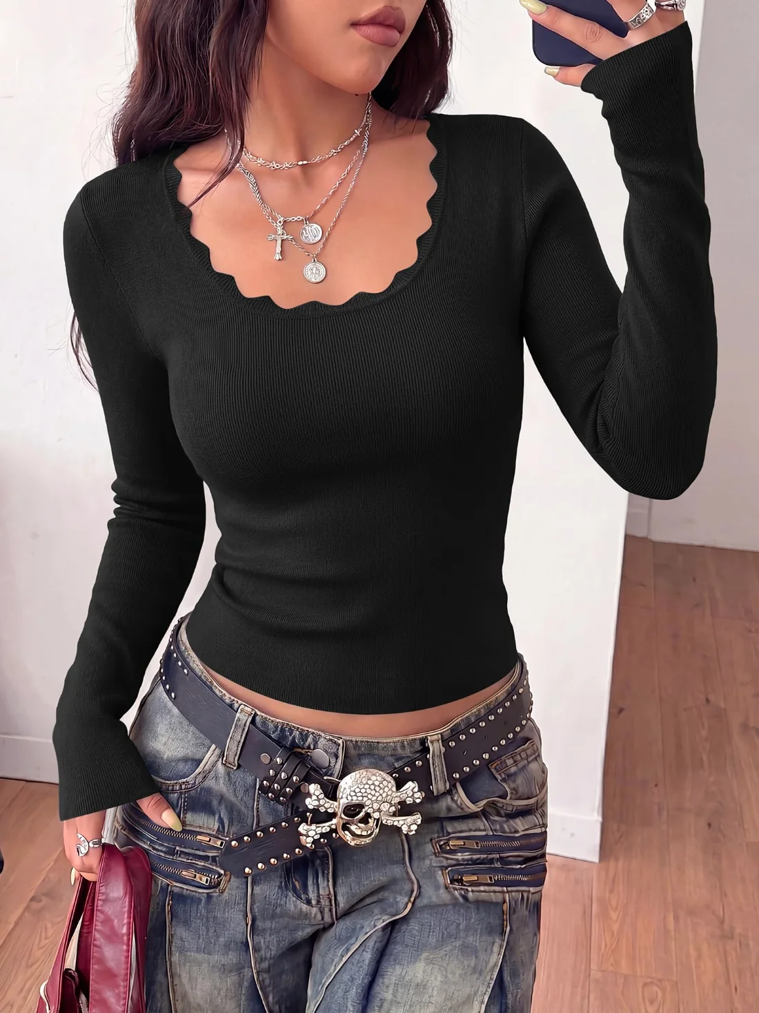 KIRUNDO Square Neck Long Sleeve Sweater in Black, view 4