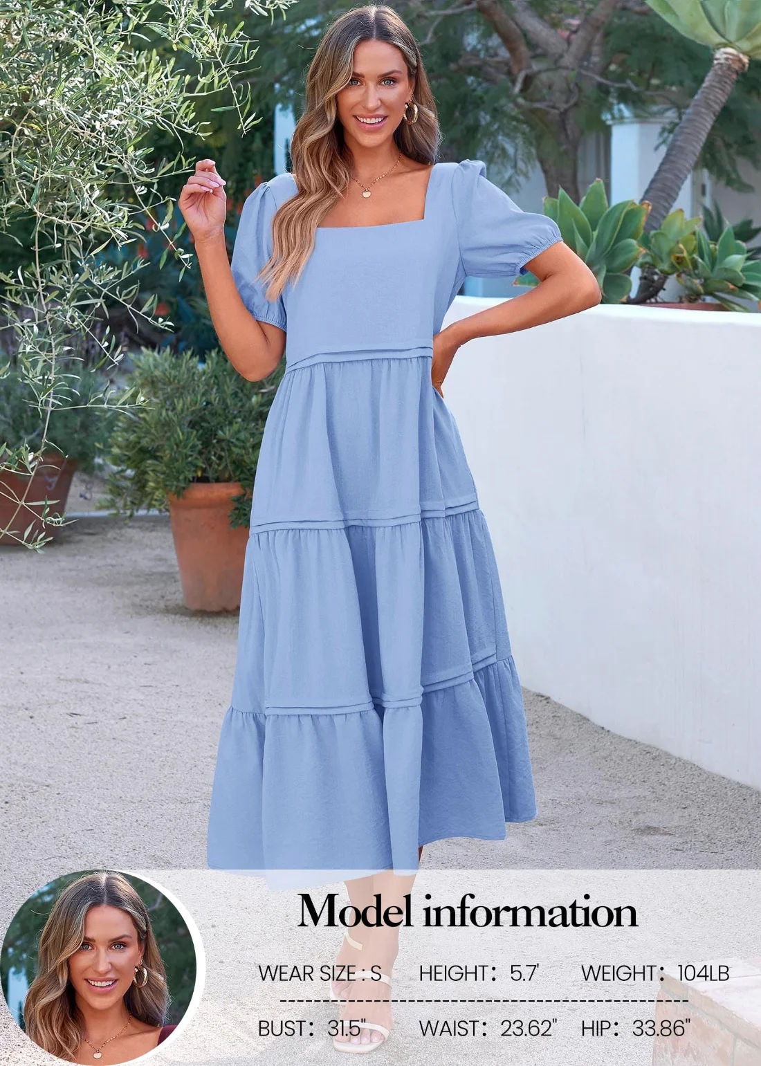 KIRUNDO Square Neck Puff Sleeve Flowy Maxi Dress in Light Blue, view 4
