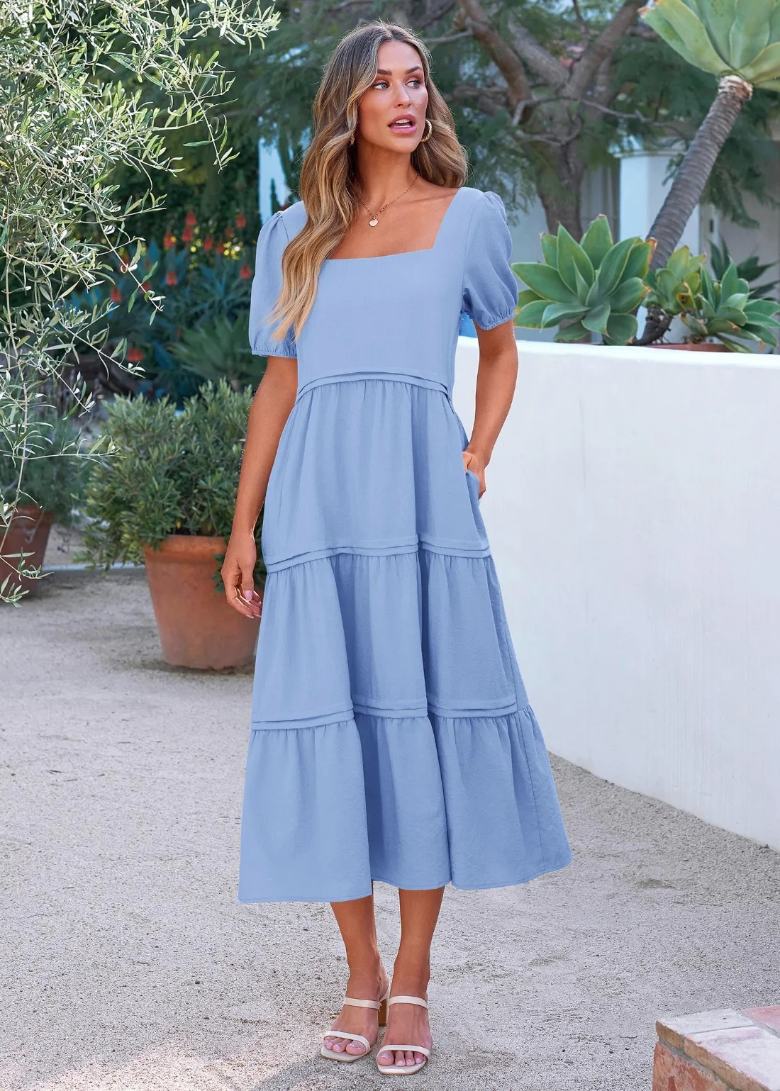 KIRUNDO Square Neck Puff Sleeve Flowy Maxi Dress in Light Blue, view 5
