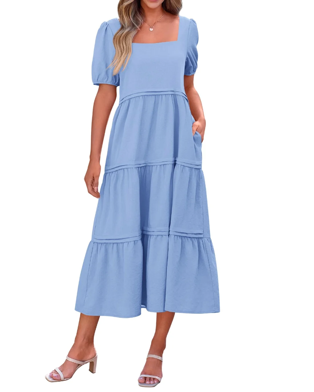 KIRUNDO Square Neck Puff Sleeve Flowy Maxi Dress in Light Blue