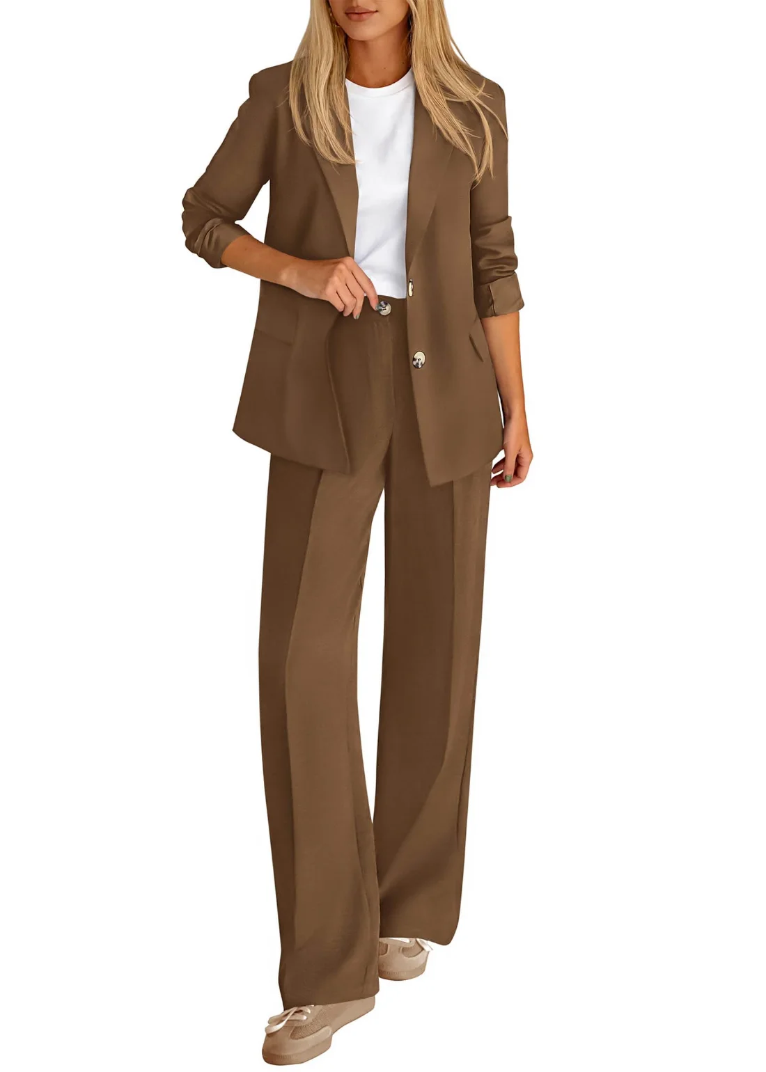 KIRUNDO Straight Leg Pant Suit Set in Brown