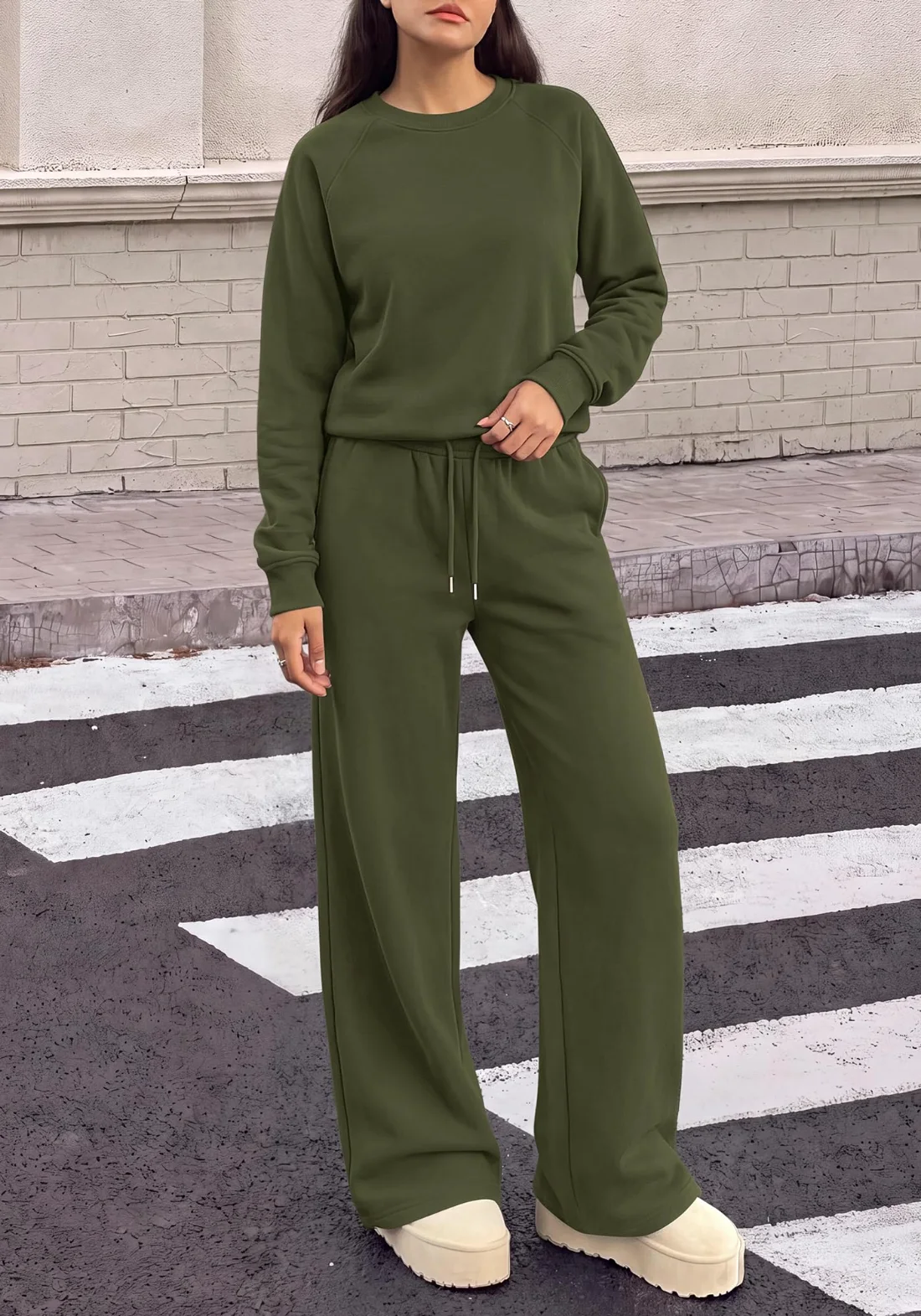 KIRUNDO Straight Leg Sweatsuit Set in Army Green, view 3