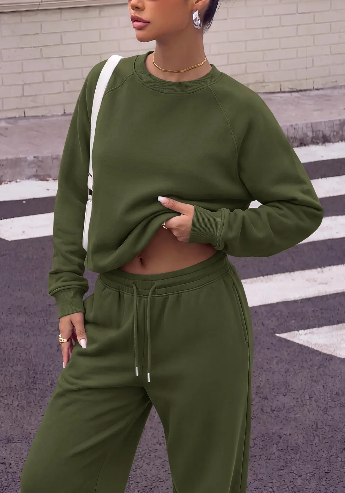 KIRUNDO Straight Leg Sweatsuit Set in Army Green, view 5