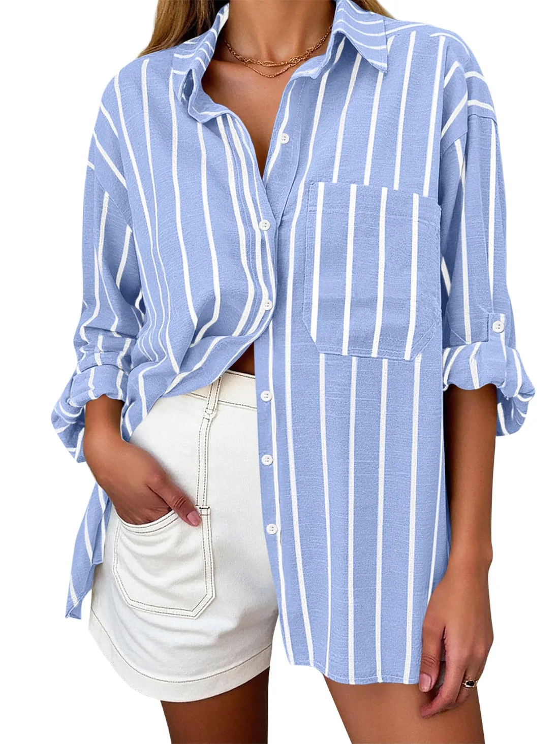 KIRUNDO Striped Button-Down Long Sleeve Shirt in Sky Blue
