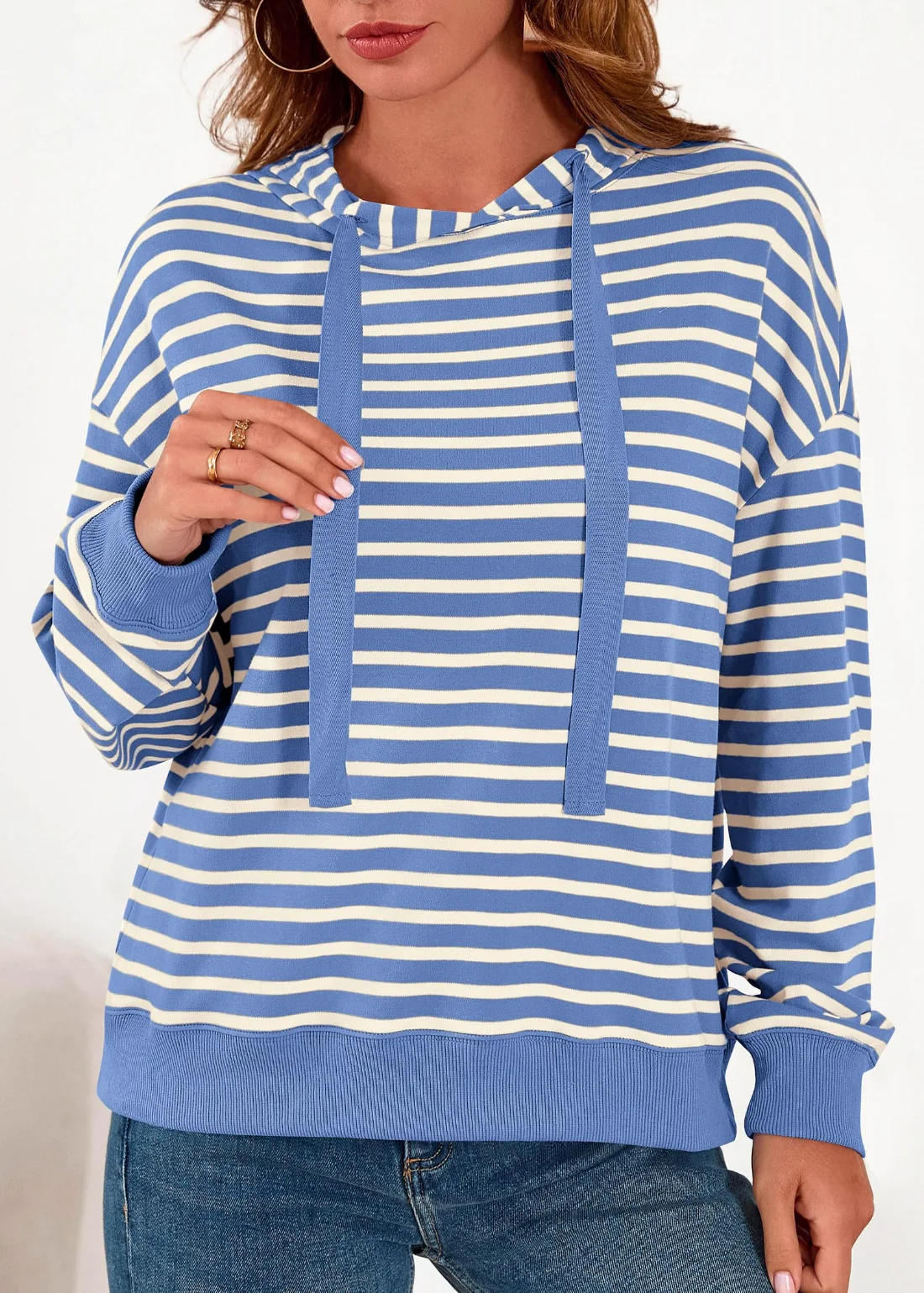 KIRUNDO Striped Long Sleeve Drawstring Hoodie in Blue, view 3