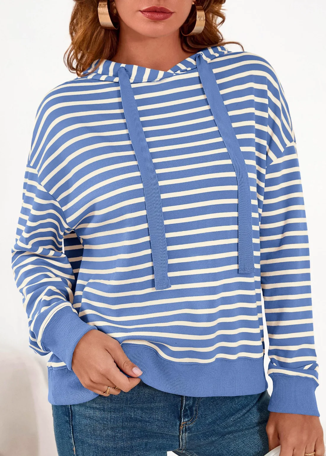 KIRUNDO Striped Long Sleeve Drawstring Hoodie in Blue, view 4