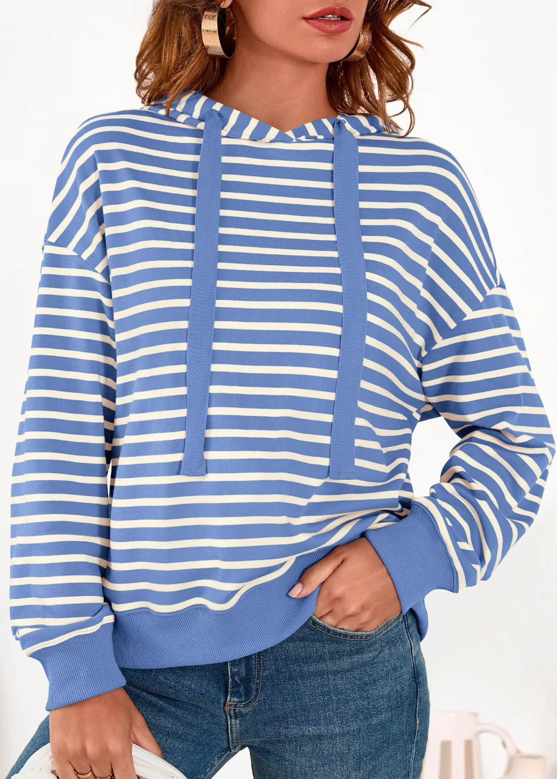 KIRUNDO Striped Long Sleeve Drawstring Hoodie in Blue, view 5