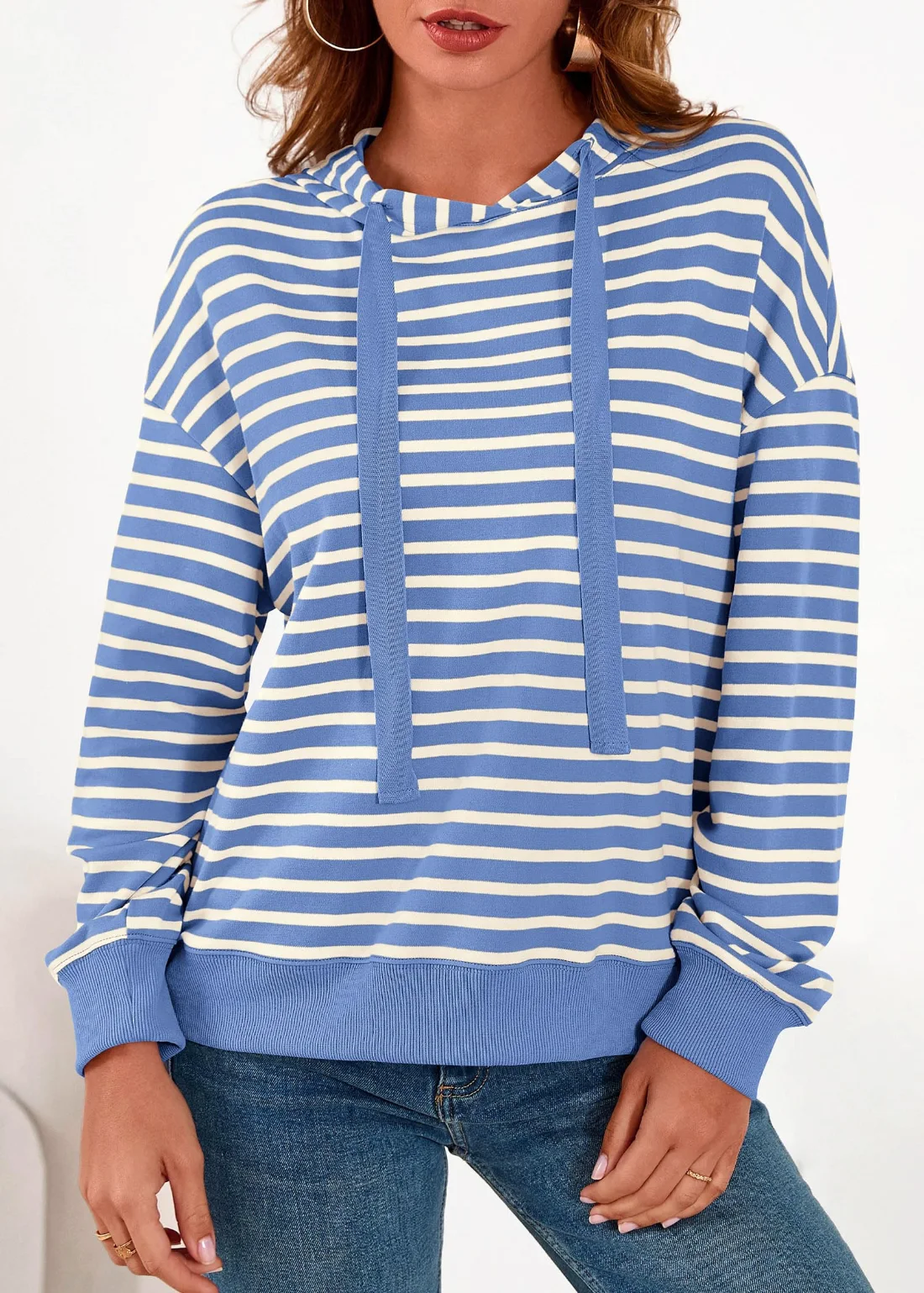 KIRUNDO Striped Long Sleeve Drawstring Hoodie in Blue, view 6