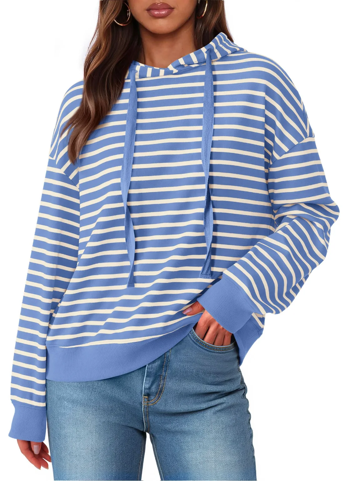 KIRUNDO Striped Long Sleeve Drawstring Hoodie in Blue