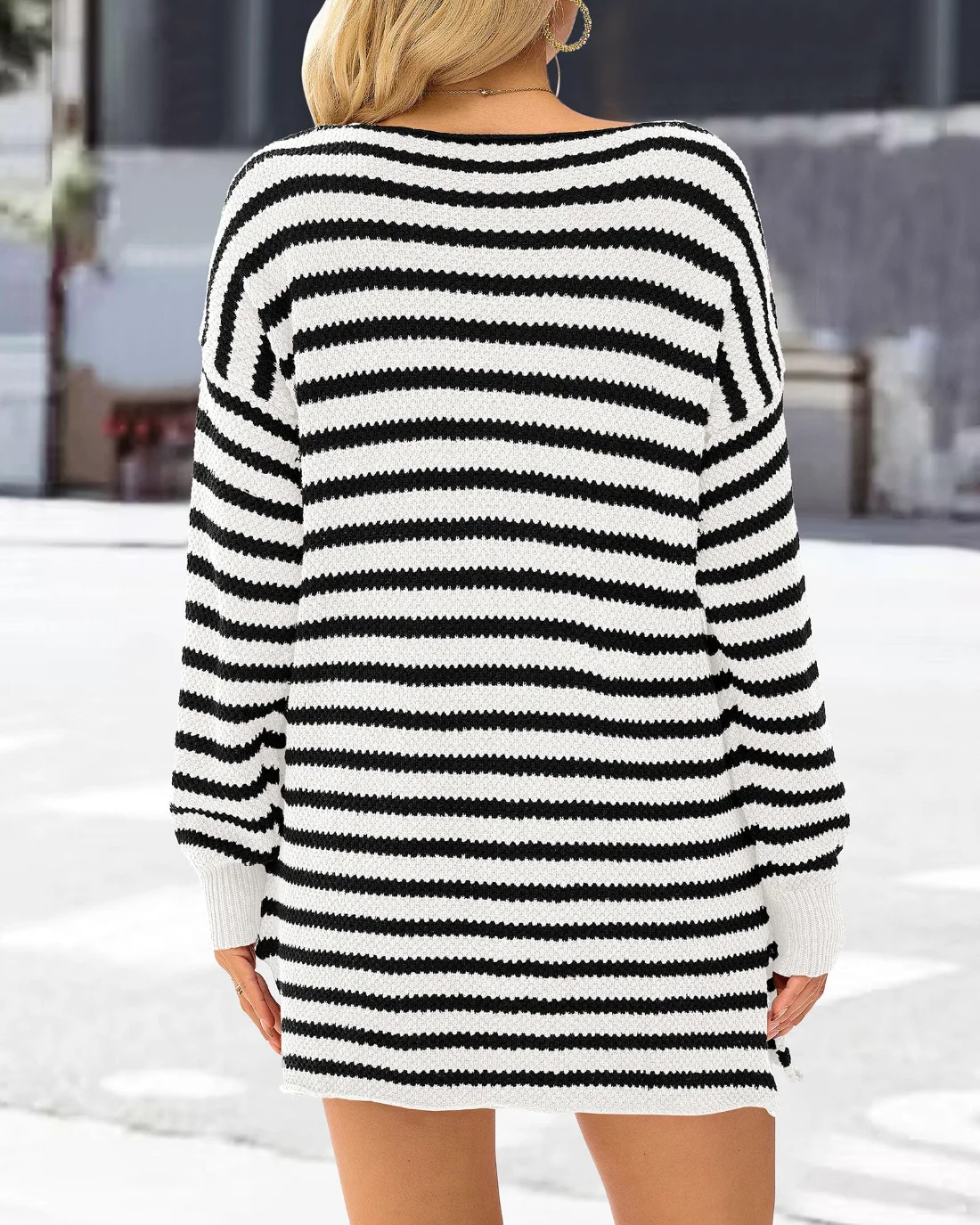 KIRUNDO Striped Oversized Sweater in Beige White, view 5