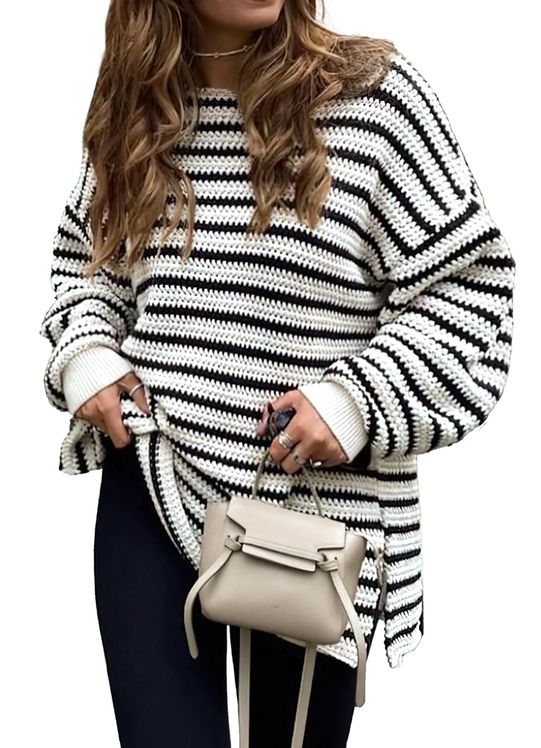 KIRUNDO Striped Oversized Sweater in Beige White