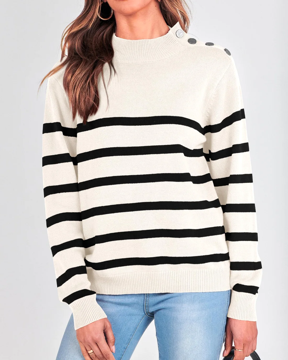 KIRUNDO Striped Turtleneck Sweater in White, view 4