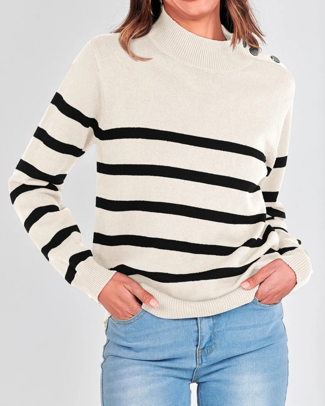 KIRUNDO Striped Turtleneck Sweater in White, view 6