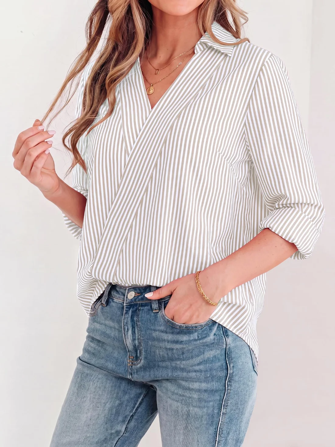 KIRUNDO Striped V-Neck Blouse in Khaki, view 5