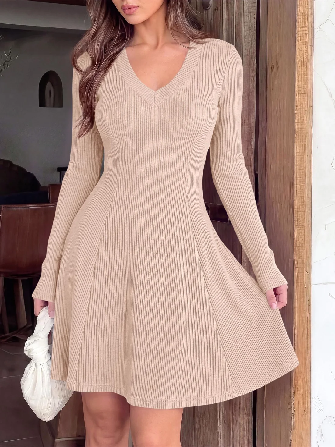 KIRUNDO Textured Knit V-Neck A-Line Dress in Apricot, view 5