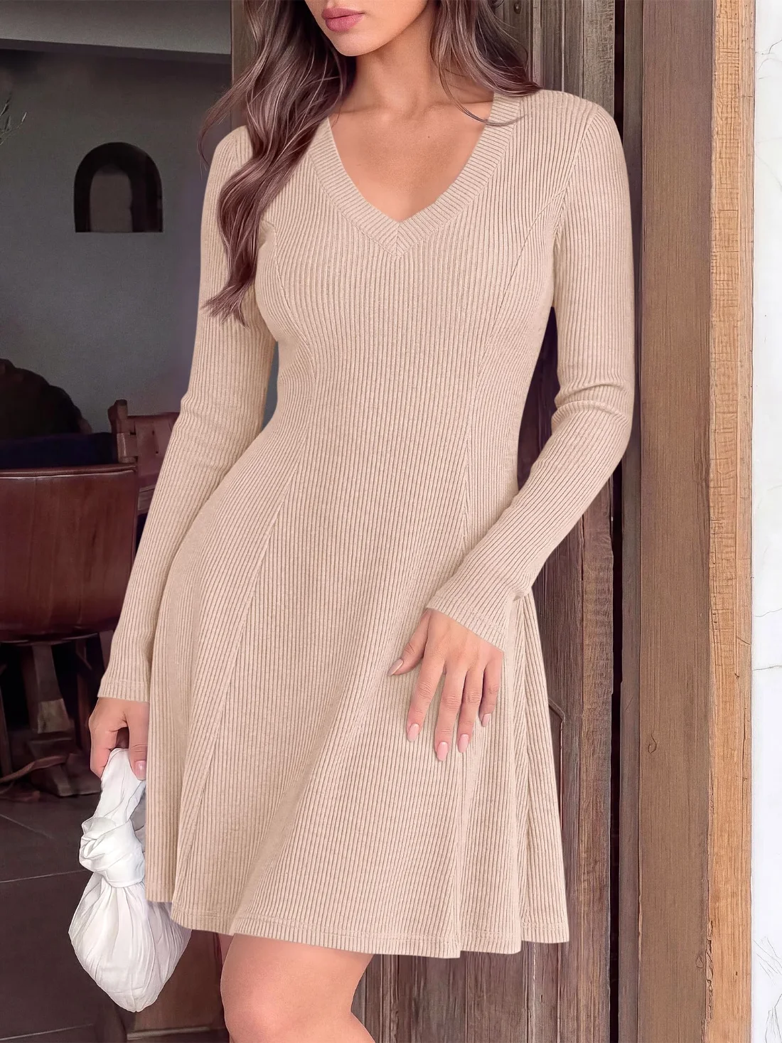 KIRUNDO Textured Knit V-Neck A-Line Dress in Apricot, view 6
