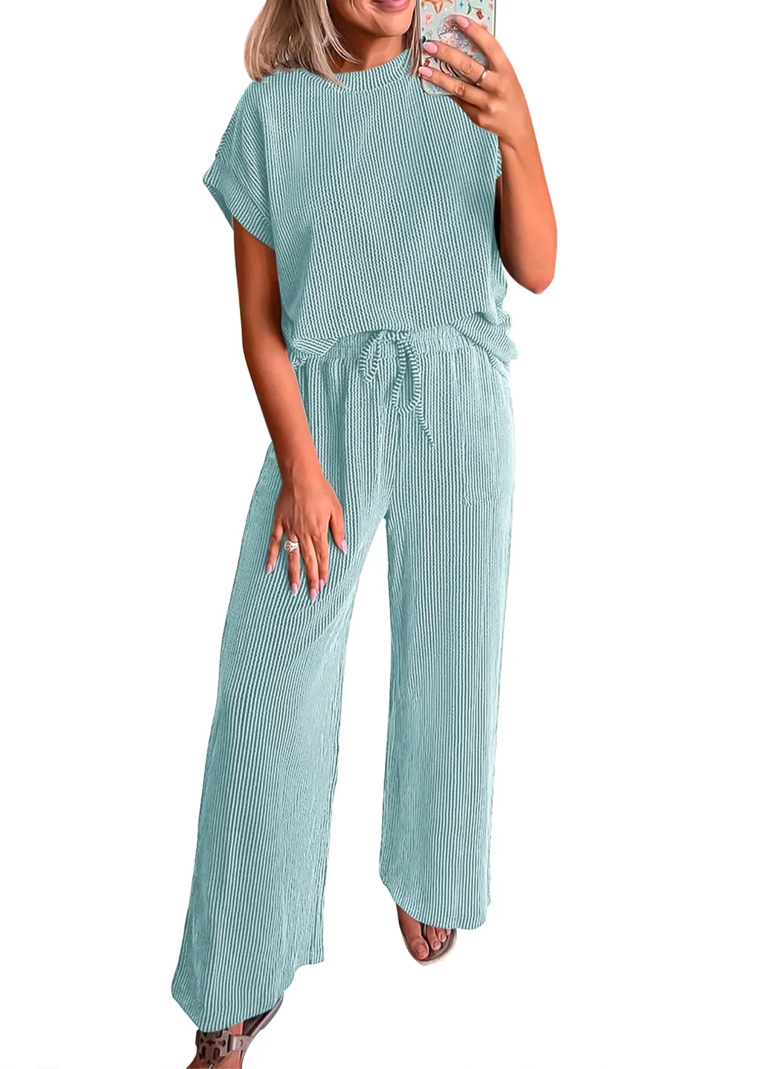 KIRUNDO Textured Tee and Pant Lounge Set in Aqua Blue