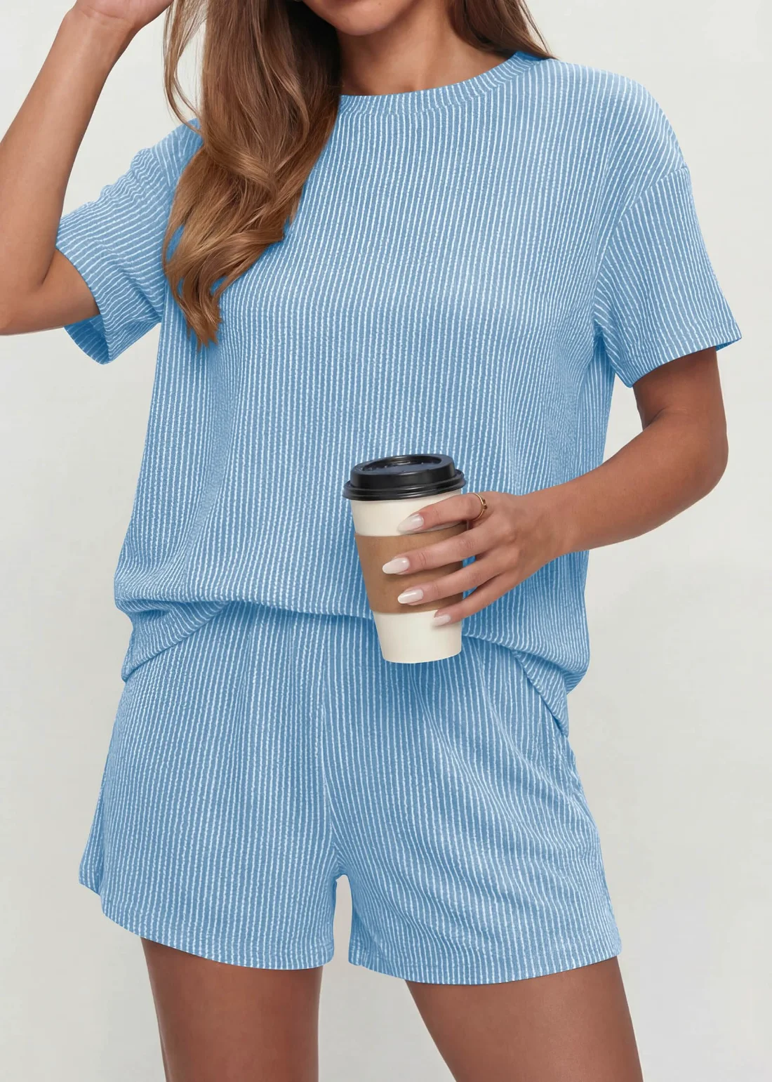 KIRUNDO Textured Tee and Shorts Set in Light Blue, view 3