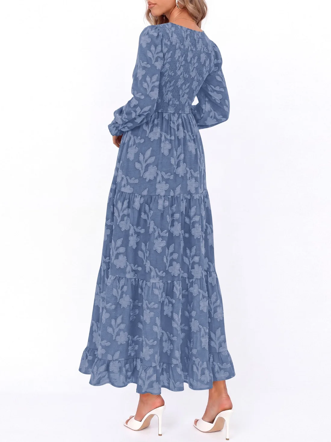 KIRUNDO V-Neck Long Sleeve Maxi Dress in Dusty Blue, view 3