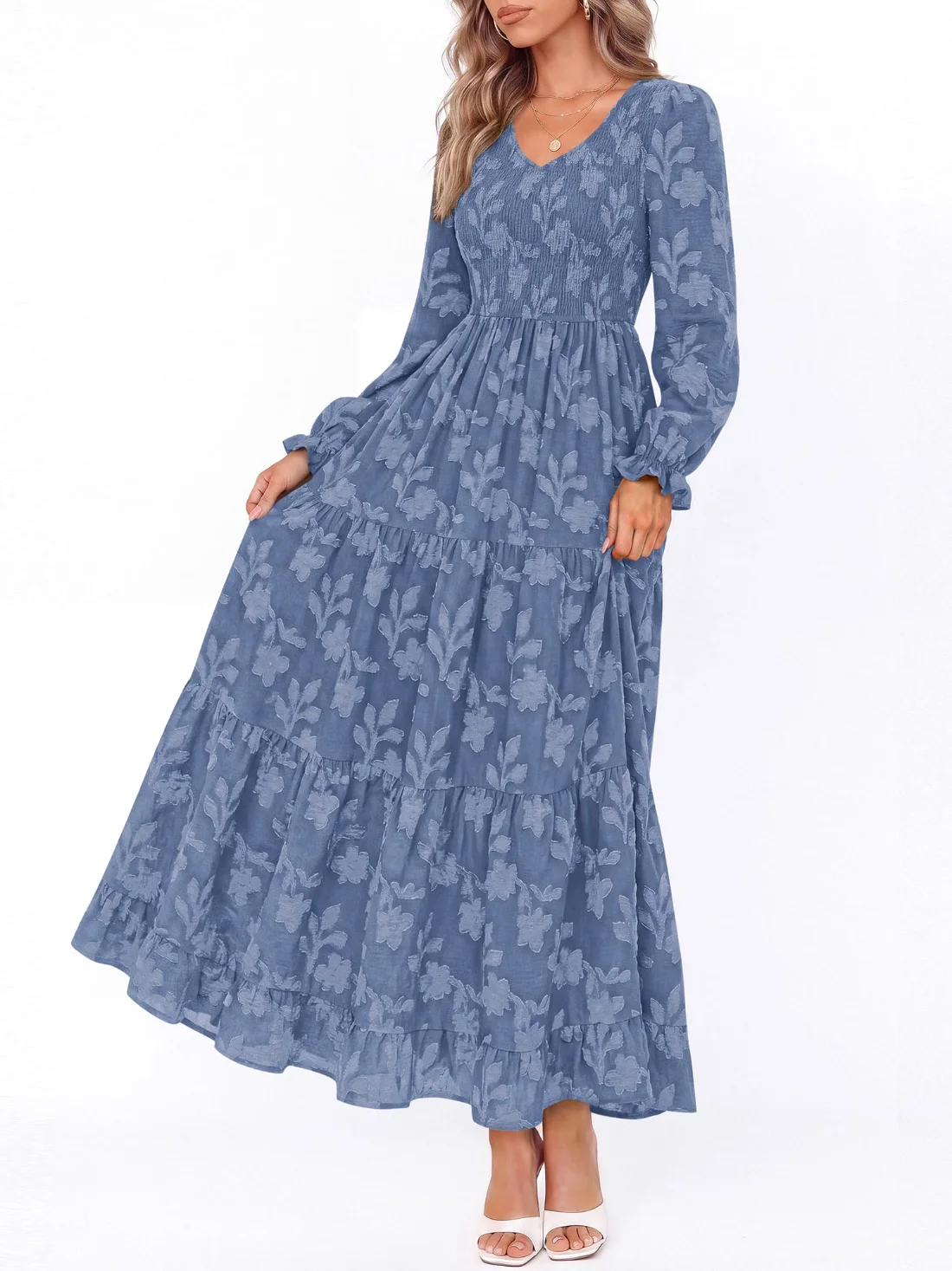 KIRUNDO V-Neck Long Sleeve Maxi Dress in Dusty Blue, view 4