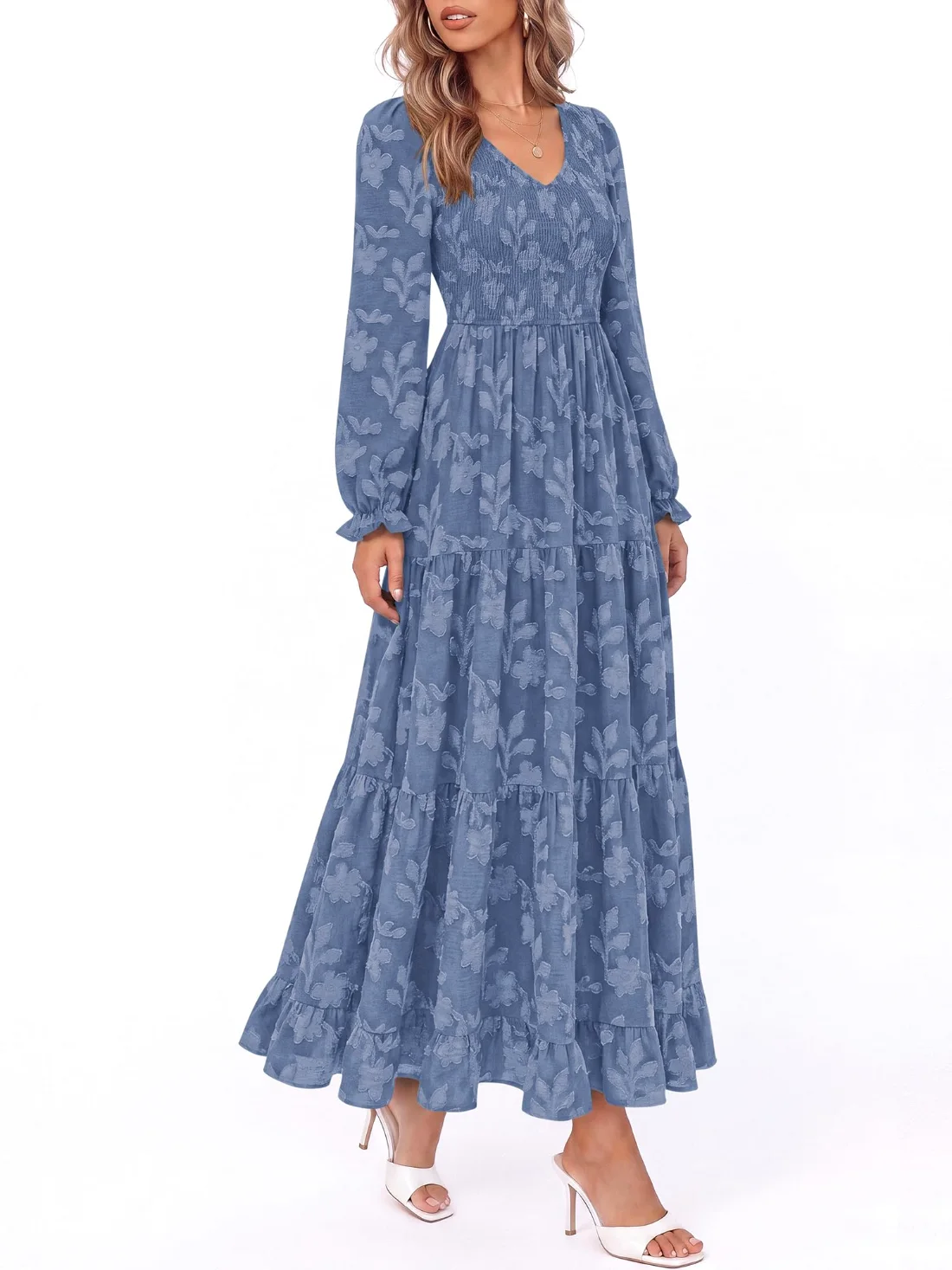 KIRUNDO V-Neck Long Sleeve Maxi Dress in Dusty Blue, view 5