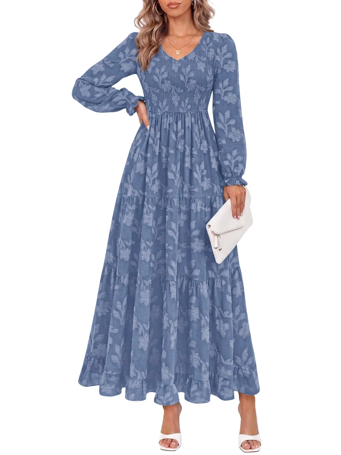 KIRUNDO V-Neck Long Sleeve Maxi Dress in Dusty Blue