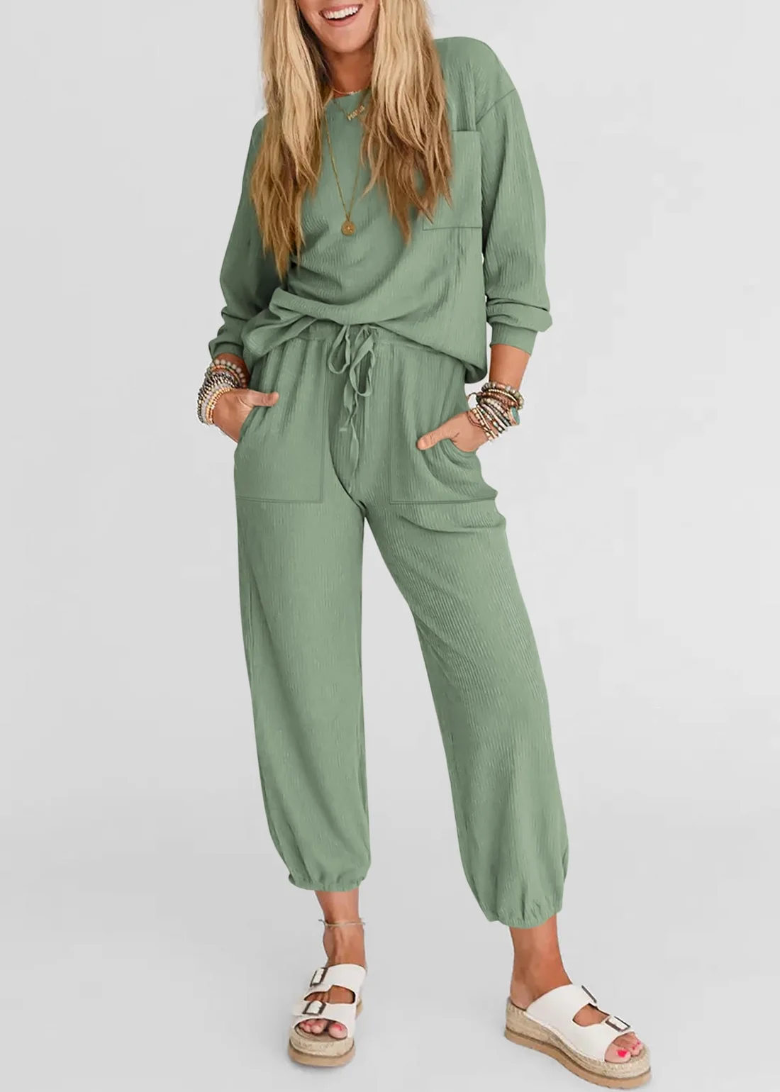 KIRUNDO Waffle Knit Jogger Lounge Set in Bean Green, view 4