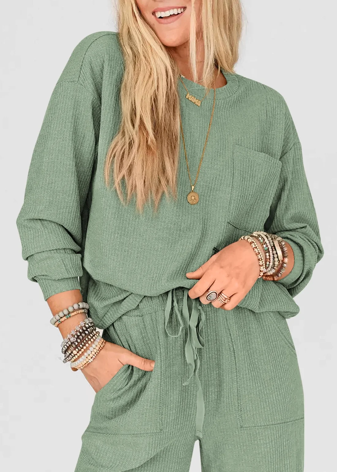 KIRUNDO Waffle Knit Jogger Lounge Set in Bean Green, view 5