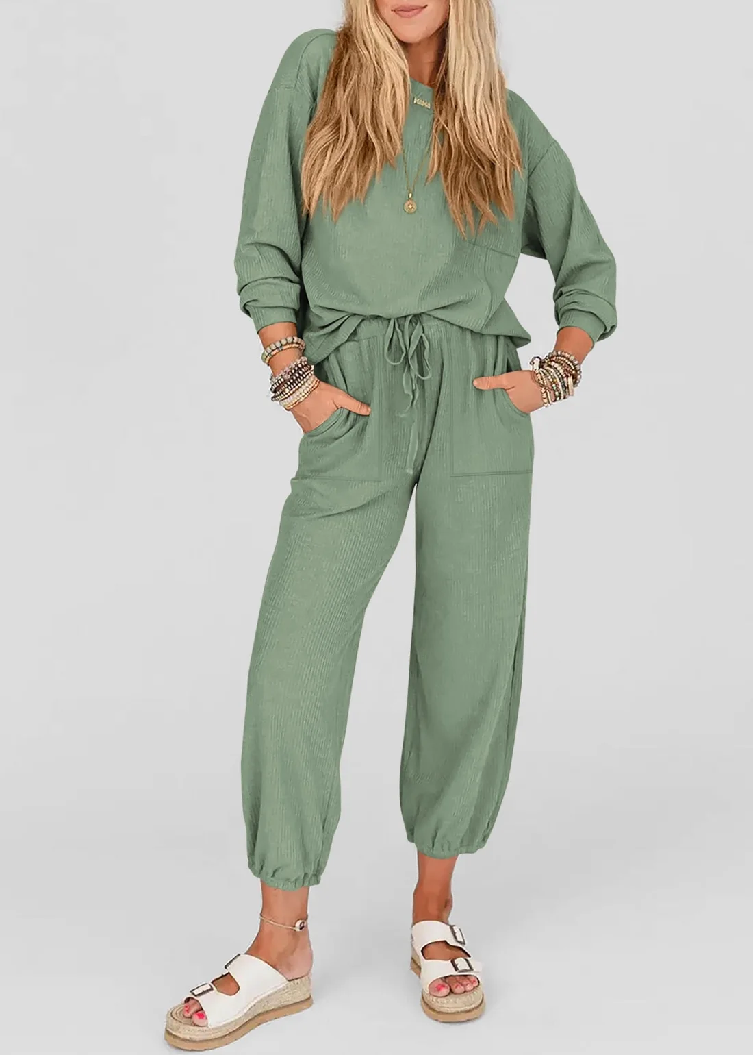 KIRUNDO Waffle Knit Jogger Lounge Set in Bean Green, view 6