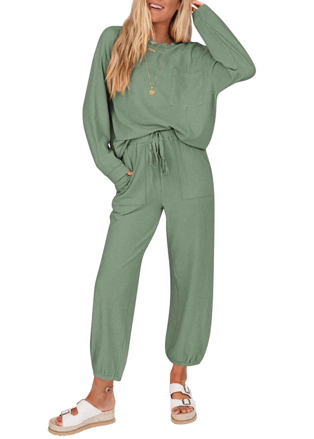 KIRUNDO Waffle Knit Jogger Lounge Set in Bean Green