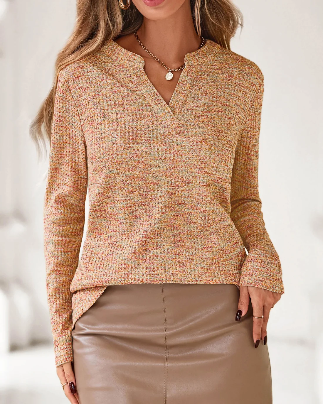 KIRUNDO Waffle Knit V-Neck Long Sleeve Blouse in Khaki, view 3