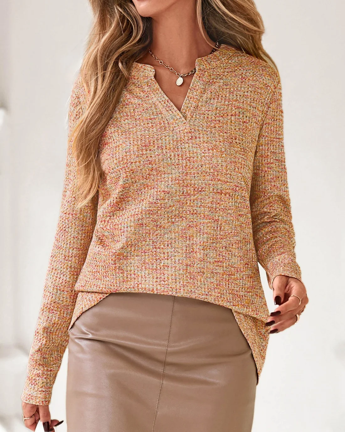 KIRUNDO Waffle Knit V-Neck Long Sleeve Blouse in Khaki, view 4