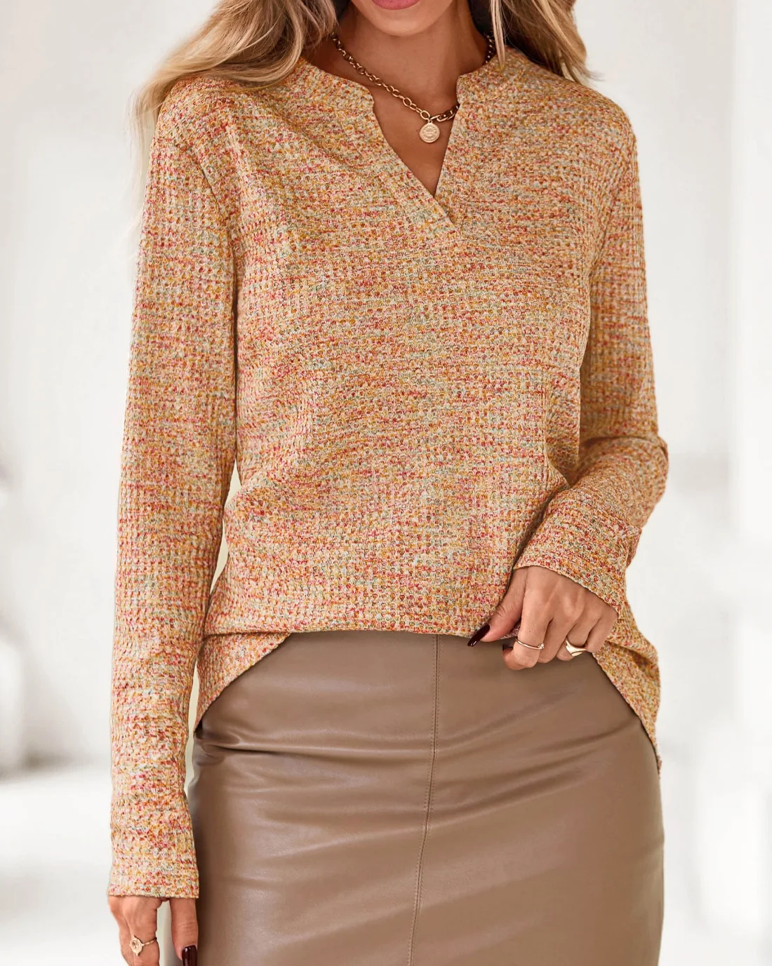 KIRUNDO Waffle Knit V-Neck Long Sleeve Blouse in Khaki, view 5
