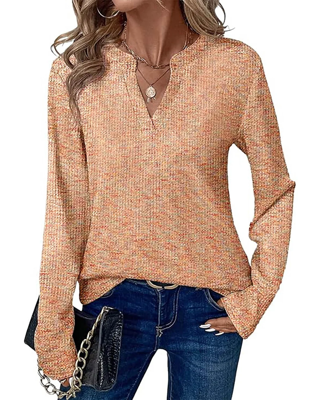 KIRUNDO Waffle Knit V-Neck Long Sleeve Blouse in Khaki