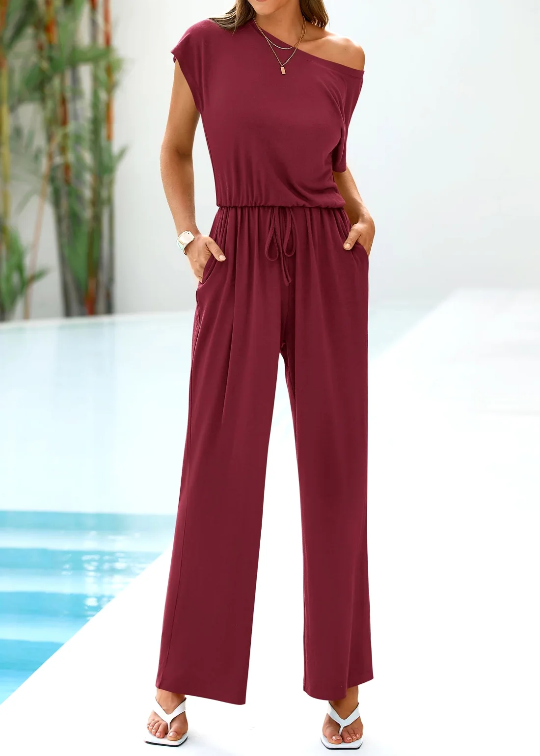 KIRUNDO Wide Leg Off-Shoulder Jumpsuit in Wine Red, view 5