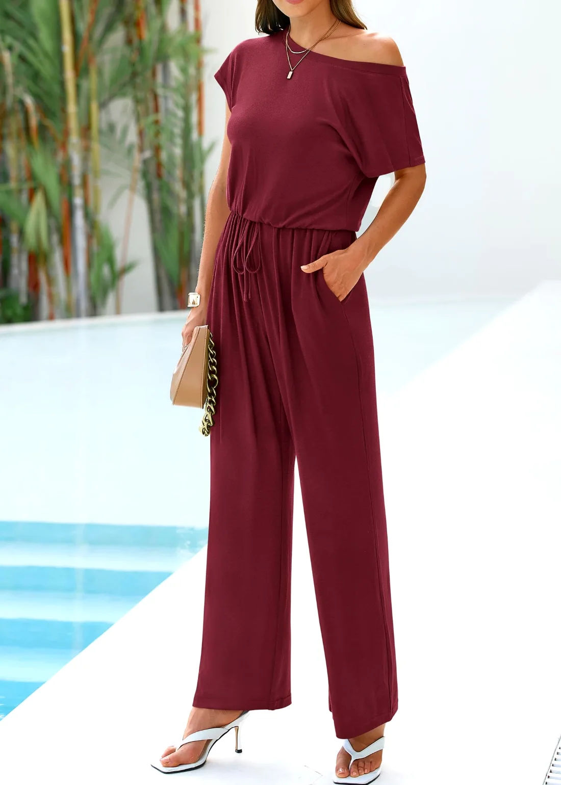KIRUNDO Wide Leg Off-Shoulder Jumpsuit in Wine Red, view 6