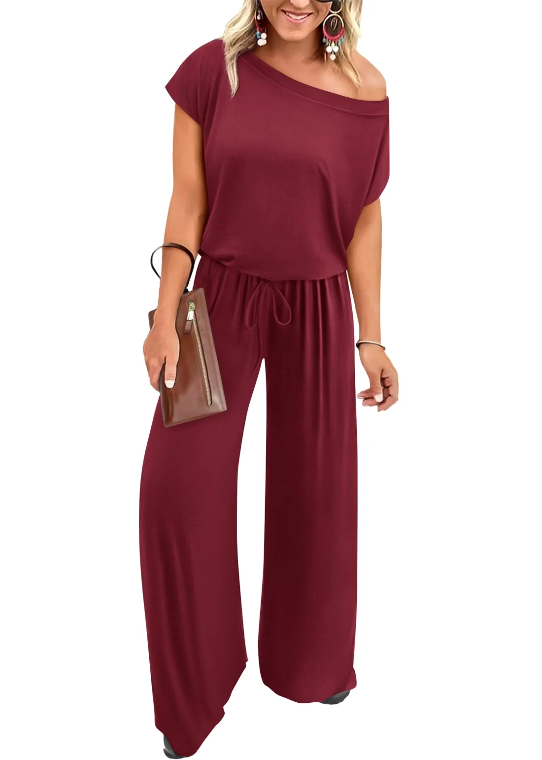 KIRUNDO Wide Leg Off-Shoulder Jumpsuit in Wine Red