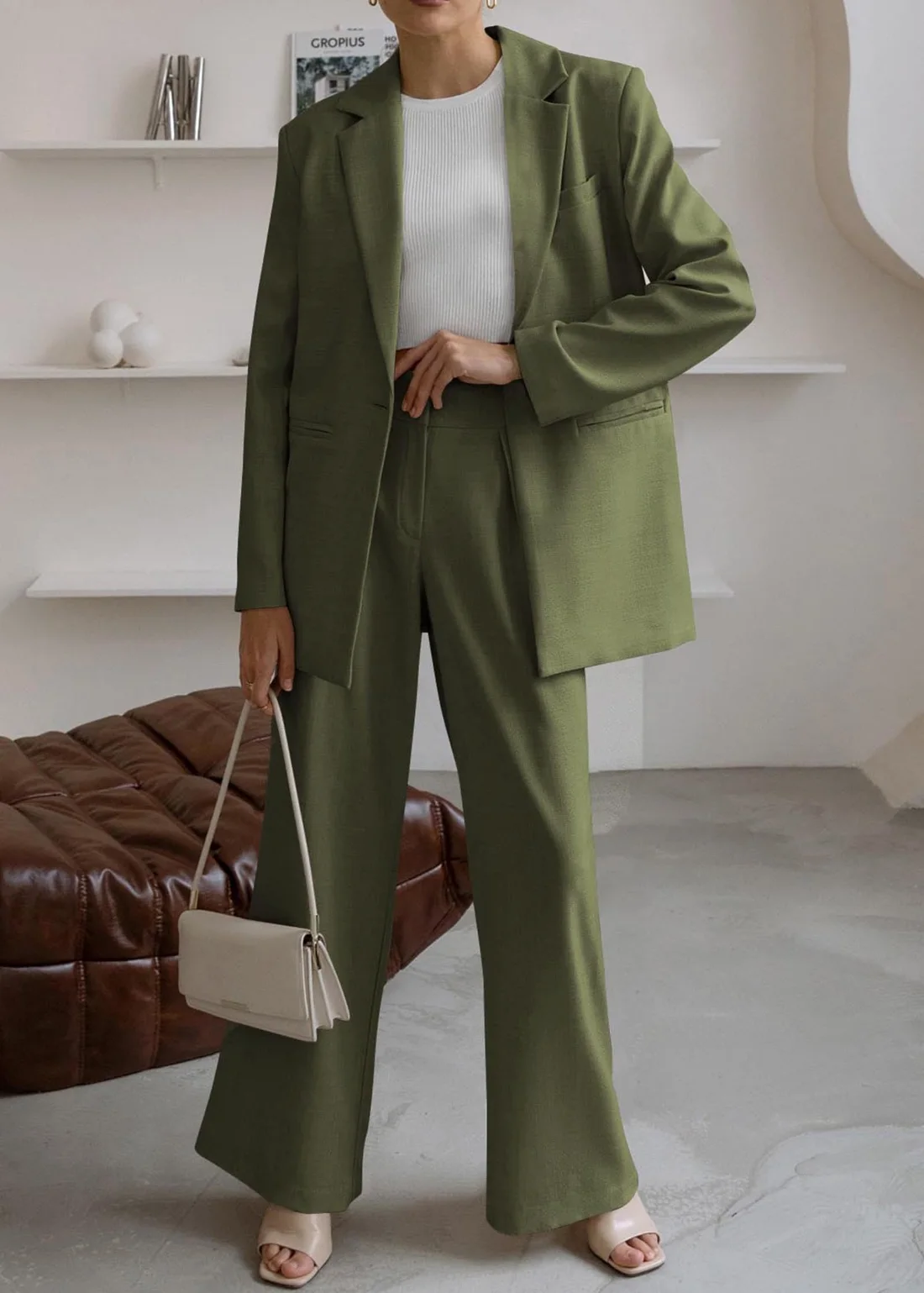 KIRUNDO Wide Leg Pant Suit Set in Army Green, view 3