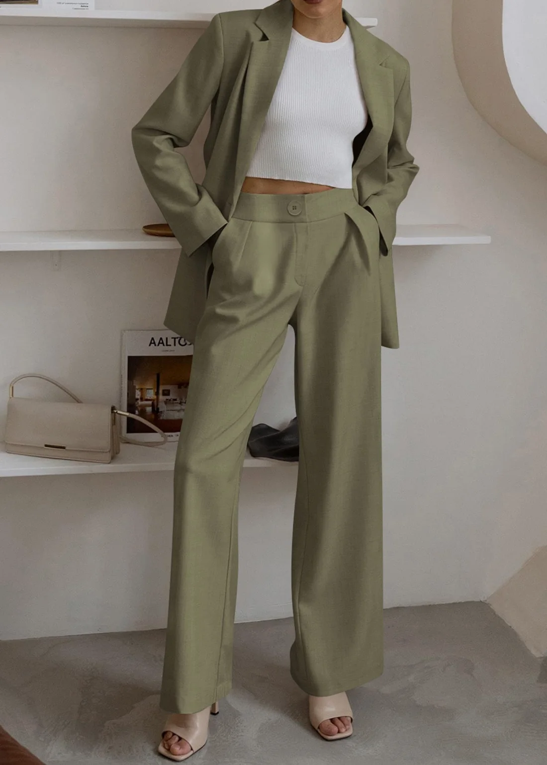 KIRUNDO Wide Leg Pant Suit Set in Army Green, view 6