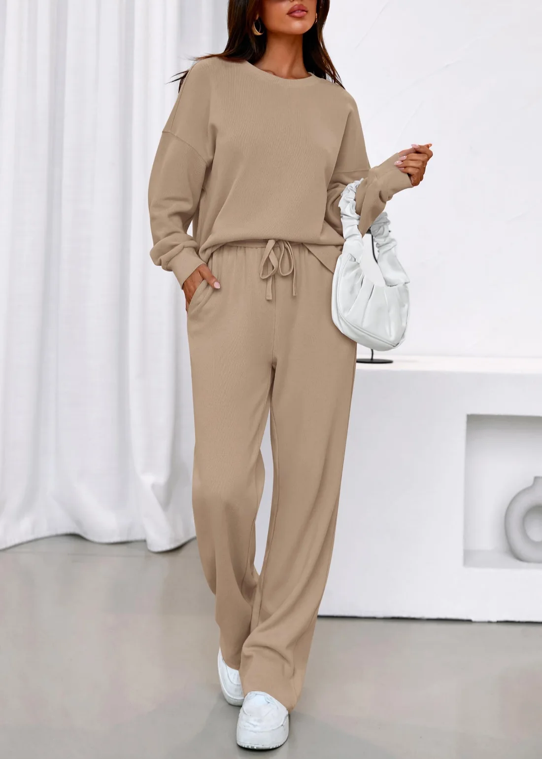 KIRUNDO Wide Leg Sweatsuit Set in Khaki, view 3